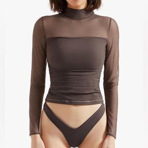 SUUKSESS Women Double Line Mesh Sheer Crop Tank Tops Mock Neck Long Sleeve Shirt